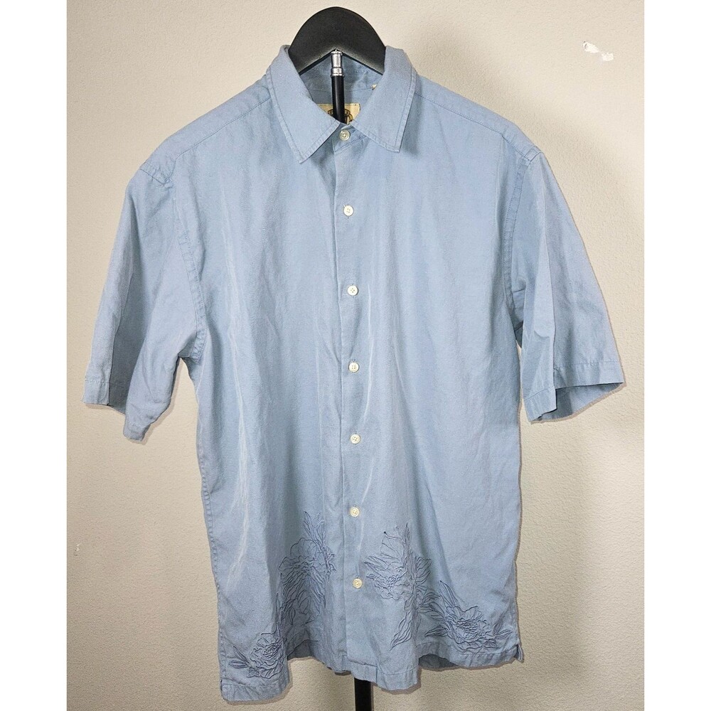 Pusser's West Indies Silk Cotton Camp Shirt Mens Medium Blue Floral Embroidered